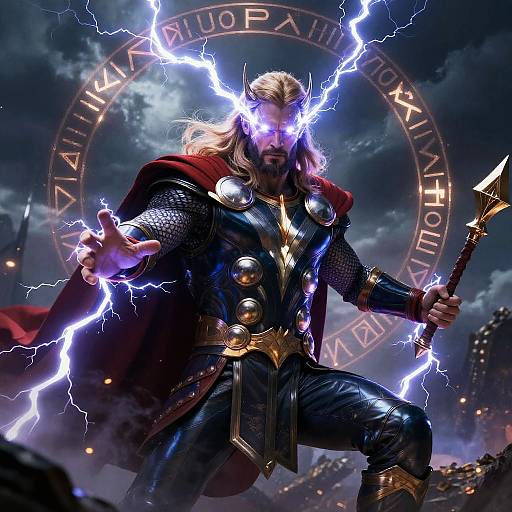 Digital art of a muscular, blonde, bearded man with electric blue eyes, black armor, gold accents, red cape, and lightning bolts, holding