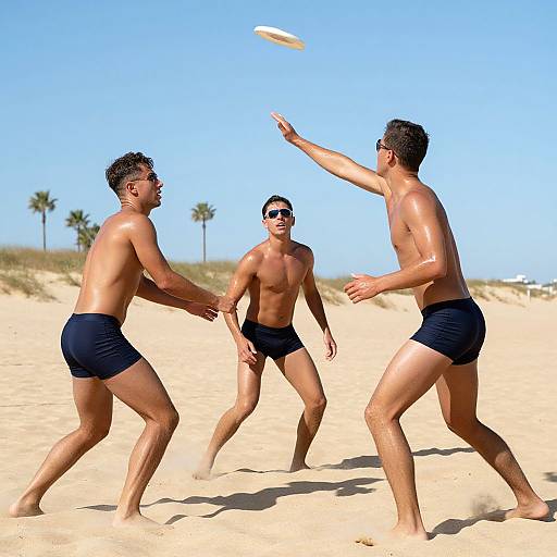 Three shirtless men in black swim trunks play beach volleyball on sunny sand, one throwing, another catching, third ready to block.