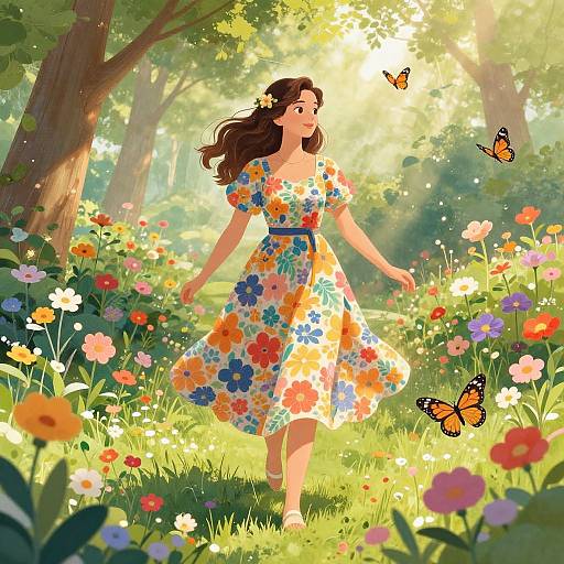 Digital illustration of a young woman with long brown hair, wearing a colorful floral dress, walking through a sunlit forest meadow filled with vibrant flowers and