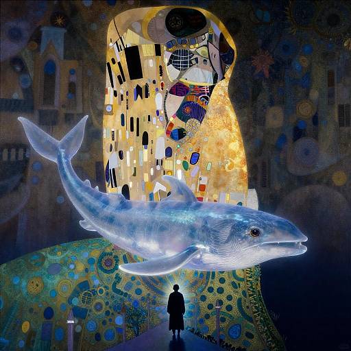 Photograph of a surreal art installation featuring a glowing, transparent fish in front of Gustav Klimt's 