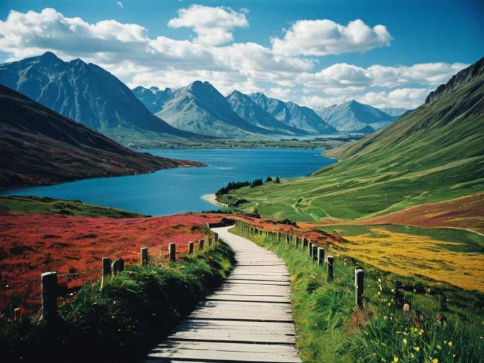 Vibrant Mountain Lake Pathway Wallpaper