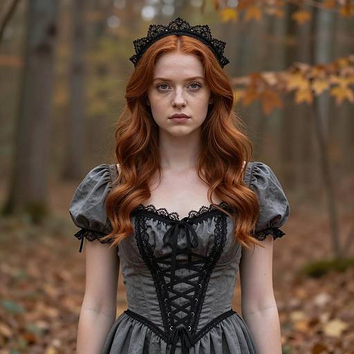 Young Woman in Gothic Dress in Autumn Forest