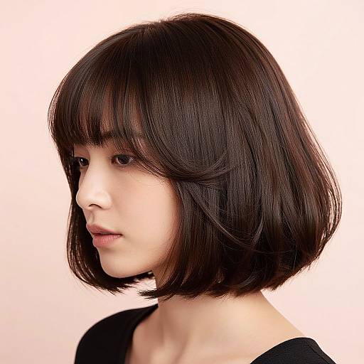 Photograph of an Asian woman with a sleek, dark brown bob haircut, straight bangs, pale skin, wearing a black top, looking to the