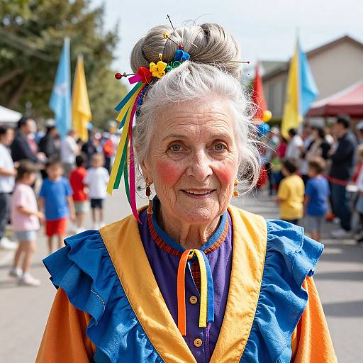 Photograph of elderly woman with gray hair in colorful, traditional outfit, wearing vibrant headpiece with ribbons, smiling at outdoor festival.