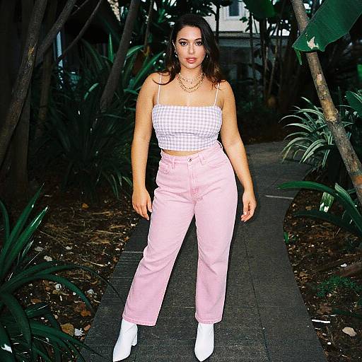 Photograph of a curvy woman with olive skin, dark hair, wearing a white checkered crop top, pink high-waisted pants, white