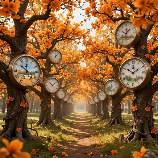 Photograph of an autumn tree-lined path with large, round clock faces embedded in tree trunks, surrounded by vibrant orange leaves and fallen flowers. Sun