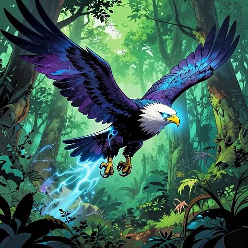 Digital illustration of a vibrant, electric blue and black eagle with glowing lightning in a dense, sunlit forest. Wings spread wide, talons extended,