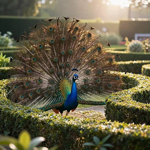Photograph of a vibrant peacock with a fully fanned-out tail displaying iridescent blue and green feathers, standing in a sunlit, manic