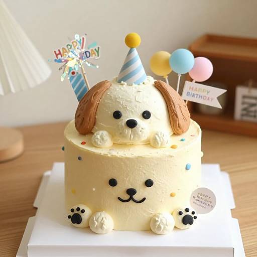 Adorable birthday cake featuring a cream-colored dog with brown ears, blue and yellow hat, and colorful balloons, topped with 