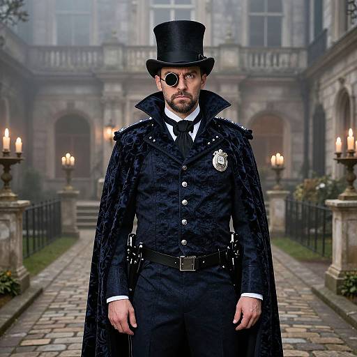 Photograph of a bearded man in a black Victorian-style coat, top hat, and eyepatch, standing in a foggy, candlelit