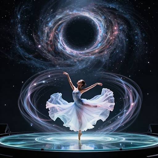 A ballet dancer in a flowing white dress performs on a glowing stage, surrounded by swirling, cosmic rings against a starry background. Digital art.
