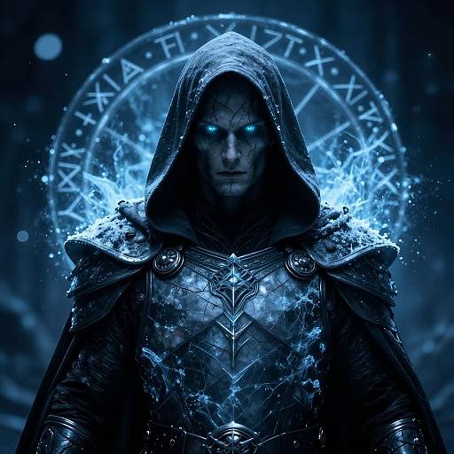 Dark fantasy CGI of a glowing blue-eyed hooded warrior in intricate black armor, surrounded by magical blue energy and a mystical circle in the background.