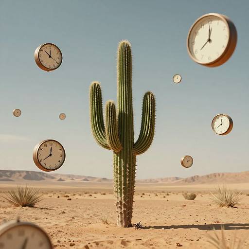 Photograph of a green cactus in a desert with floating clocks, clear blue sky, and distant hills, blending surrealism with realism.