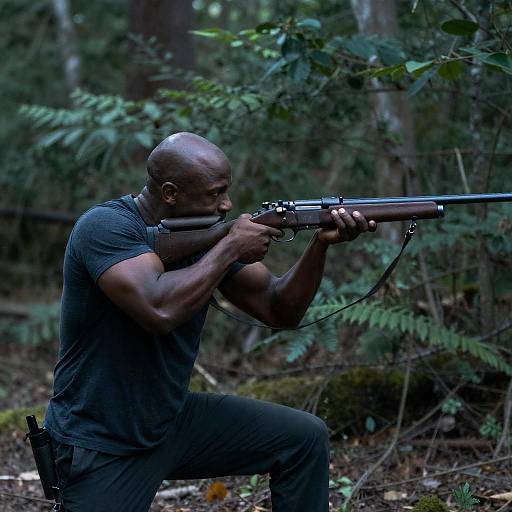 Bald Black Man Aiming Rifle in Forest