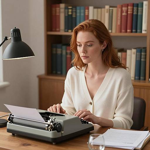 Woman Typing on Vintage Typewriter at Desk
