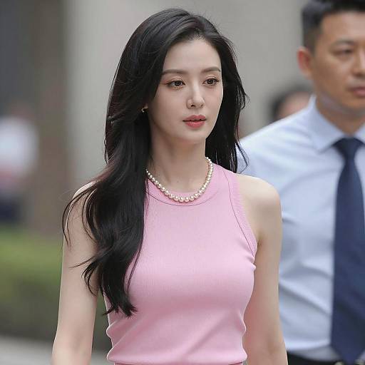 Woman in Pink Sleeveless Top and Pearl Necklace