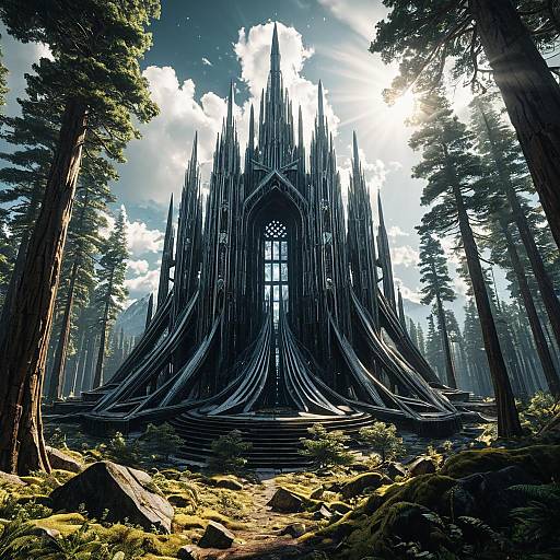 Futuristic Gothic Crystal Cathedral in Ancient Forest