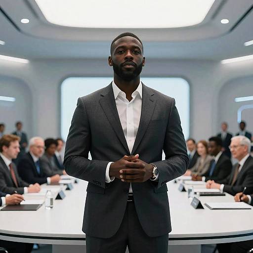 Photograph of a tall, dark-skinned, bearded man in a black suit standing at a modern, white conference table with a blurred background of