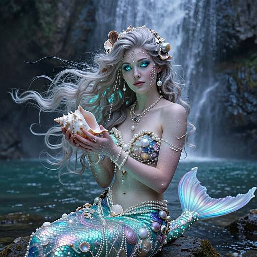 Digital art of a glowing mermaid with long white hair, blue eyes, and a shimmering tail, holding seashells in a waterfall.