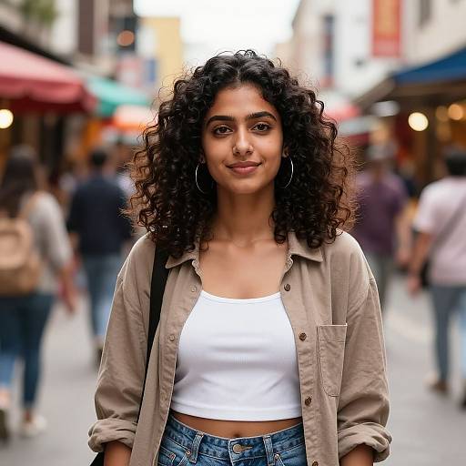 Photograph of a smiling young woman with curly black hair, wearing a beige shirt over a white tank top and denim jeans, standing in a busy,