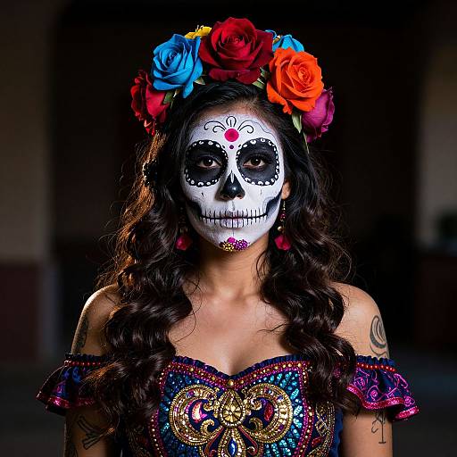 Photograph of a woman with white sugar skull face paint, colorful flower crown, and sequined off-shoulder dress, standing against dark background.