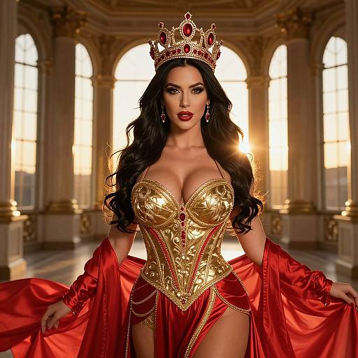 Digital artwork of a regal woman with long black hair, wearing a gold crown, gold and red corset, and red satin skirt, standing in