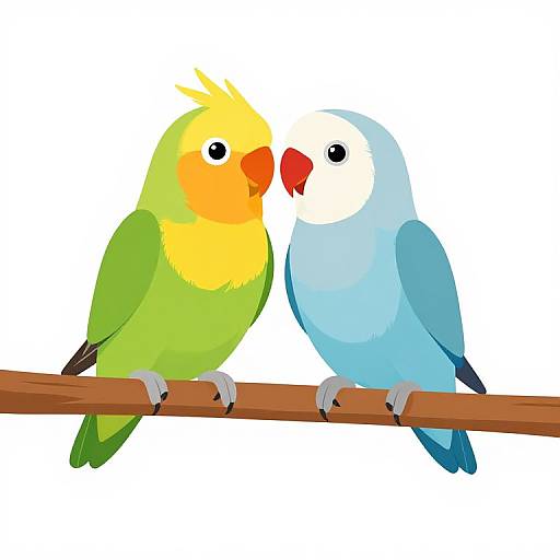 Digital illustration of two colorful parrots, one green with yellow chest and red beak, one blue with white chest and red beak, perched