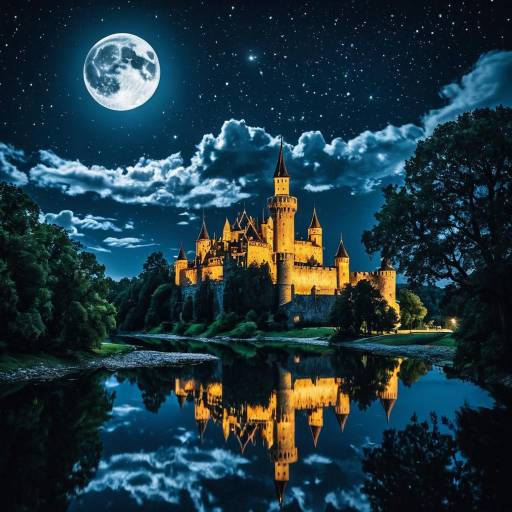 Illuminated Castle with Full Moon Reflection