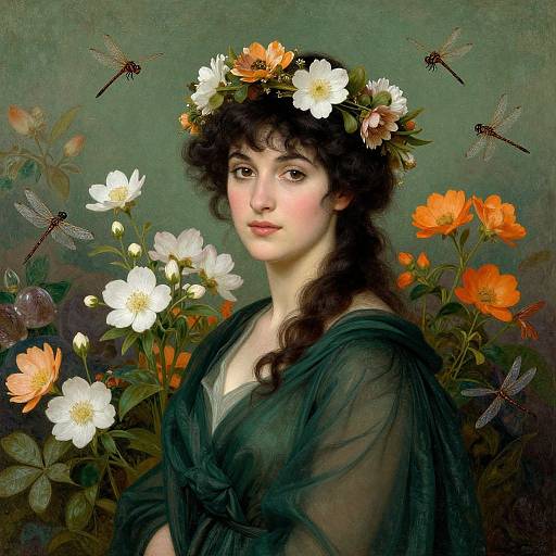 Digital painting of a fair-skinned woman with curly brown hair, wearing a floral crown and green shawl, surrounded by vibrant flowers and dragonflies.