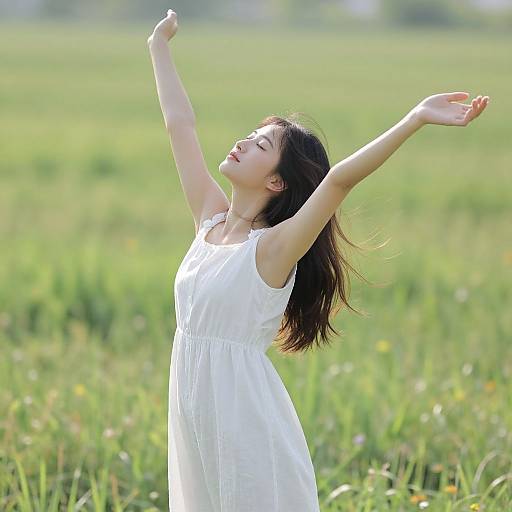 Photograph of a young Asian woman with long black hair, wearing a white sleeveless dress, arms raised, standing in a sunny green meadow.