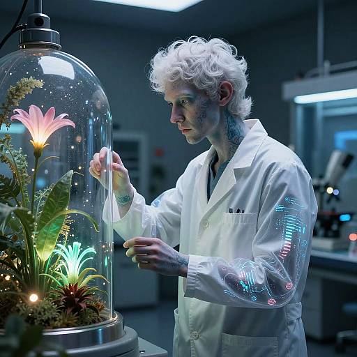 Photograph of a white-haired scientist in a white lab coat examining a glowing, glass-encased flower in a futuristic lab.