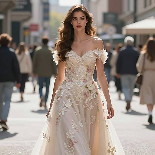 Elegant Woman in Cream Floral Embroidered Dress