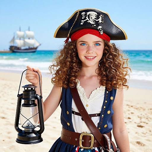 Curly-haired young girl in pirate costume with black tricorn hat, white lace dress, and navy vest, holding lantern on sunny beach.