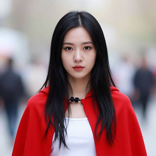 Photograph of an Asian woman with long black hair, fair skin, wearing a red coat over a white top, standing in a blurred urban background.