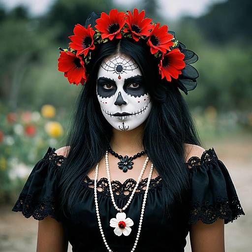 Woman in Catrina Costume with Red Flower Crown
