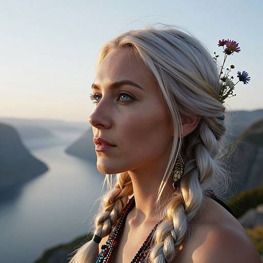 Photograph of a blonde woman with braided hair, wearing flower and bead accessories, gazing into the sunset over a mountainous landscape.