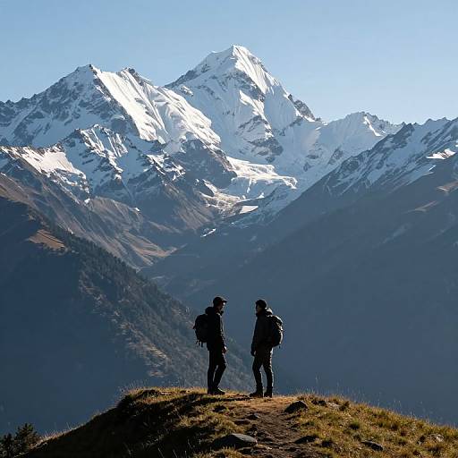 Photograph of two hikers in dark clothing standing on a grassy mountain peak, silhouetted against a bright, snow-capped mountain range