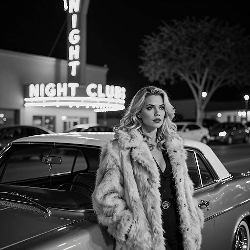 Elegant Woman by Classic Car at Night