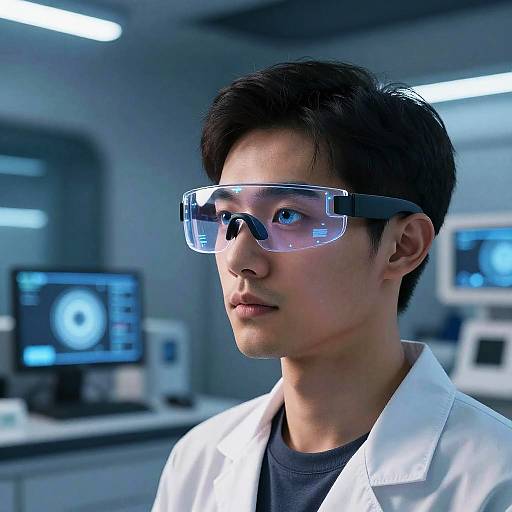 Photograph of an Asian man with short black hair, wearing transparent safety goggles and a white lab coat, in a futuristic laboratory with blurred computer monitors in