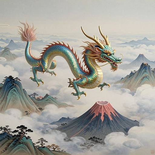 Digital illustration of a vibrant, multi-colored dragon with fiery mane soaring above misty, mountainous landscape with a volcanic peak in the foreground.