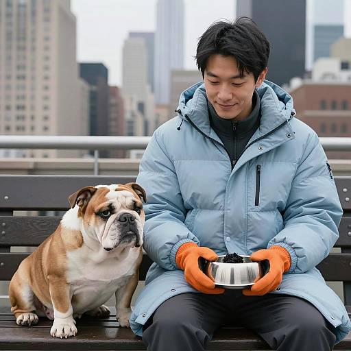 Man in Blue Coat Sitting with Bulldog on Bench