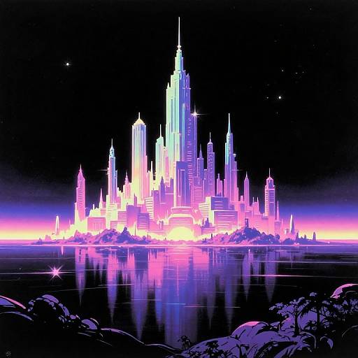 Digital art of a neon-lit, futuristic cityscape with towering skyscrapers reflecting on a calm, star-filled ocean at night.