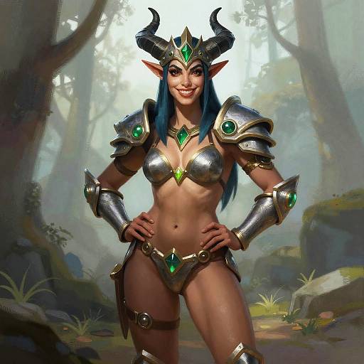 Digital art of a confident, dark-skinned, elf-like woman with blue hair, black horns, and green gem-encrusted silver armor,