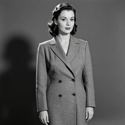 Black-and-white photograph of a 1940s-style woman with wavy dark hair, wearing a double-breasted gray wool coat, standing against a