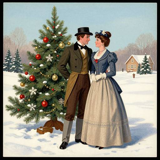 Victorian couple in winter attire, standing before a decorated Christmas tree, in a snowy landscape with a cottage in the background.