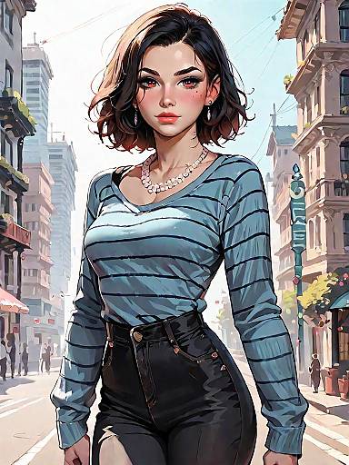 Stylish Woman in Striped Sweater and Leather Pants