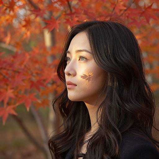 Photograph of an Asian woman with long, wavy black hair, green eyes, and fair skin, standing against a backdrop of vibrant red autumn leaves