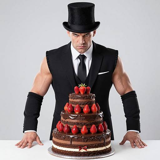 Muscular man in black top hat, sleeveless suit, and tie, with strawberry-topped, multi-layered chocolate cake, standing against white background