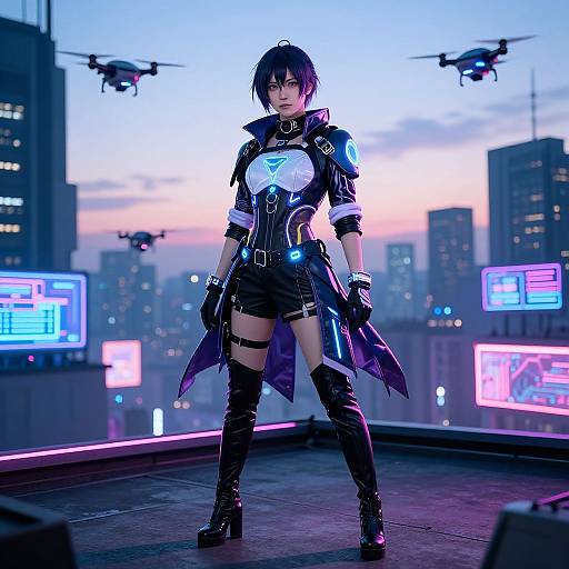 Cyberpunk woman with black hair, glowing chest emblem, black leather jacket, shorts, thigh straps, and boots, stands on rooftop at dusk.