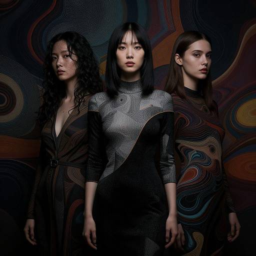 Photograph of three women with different hair styles and skin tones, wearing black and gray patterned dresses, standing against a swirling, abstract, dark background